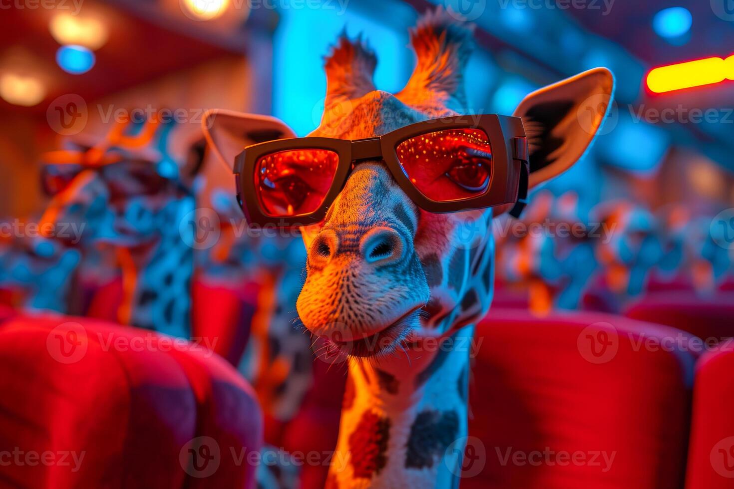 ai gerado girafas Assistir filme dentro 3d óculos. uma girafa dentro a cinema assistindo uma filme foto