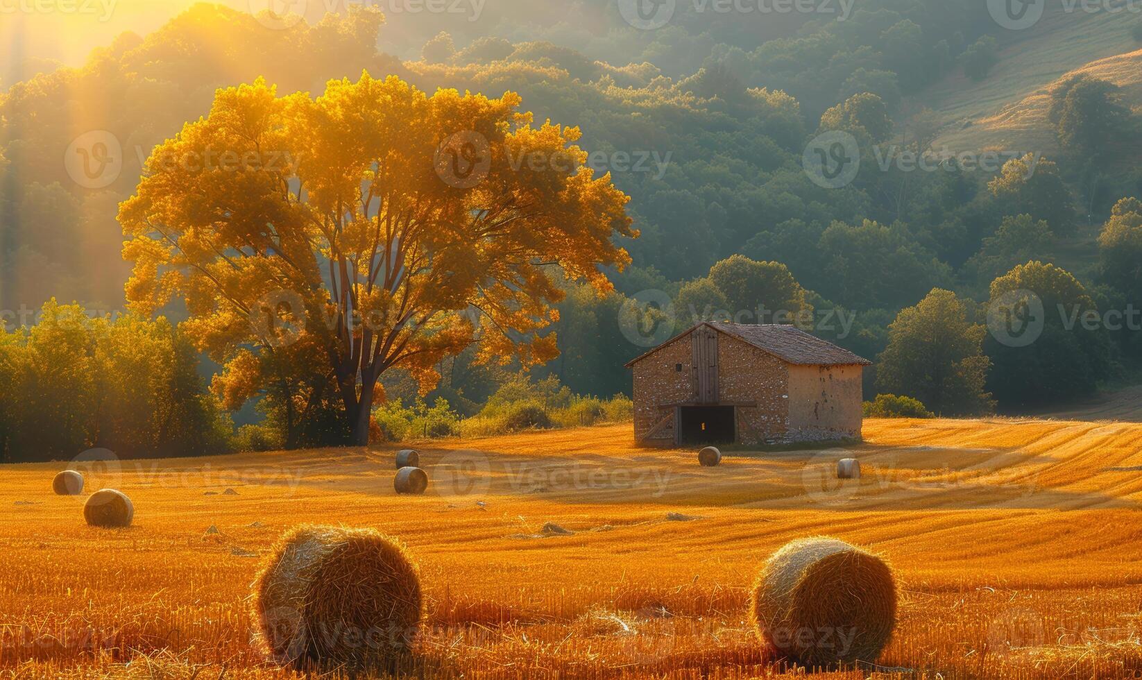 ai gerado feno fardos e velho celeiro dentro a pôr do sol. uma celeiro dentro trigo com feno fardos foto