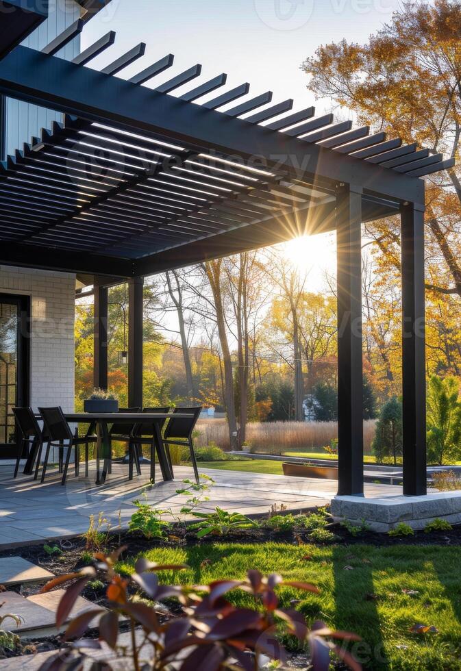 ai gerado pérgola fornece sombra e Lugar, colocar para relaxar em pátio foto