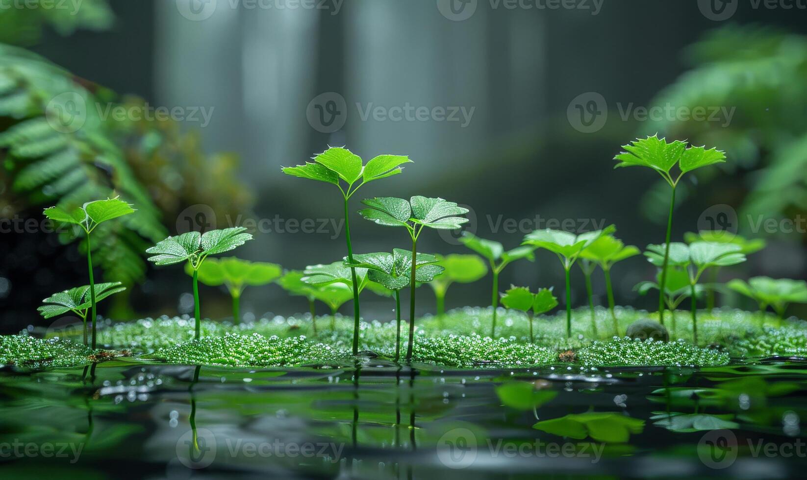 ai gerado pequeno plantar e verde folhas dentro a água com água solta e samambaia fundo foto