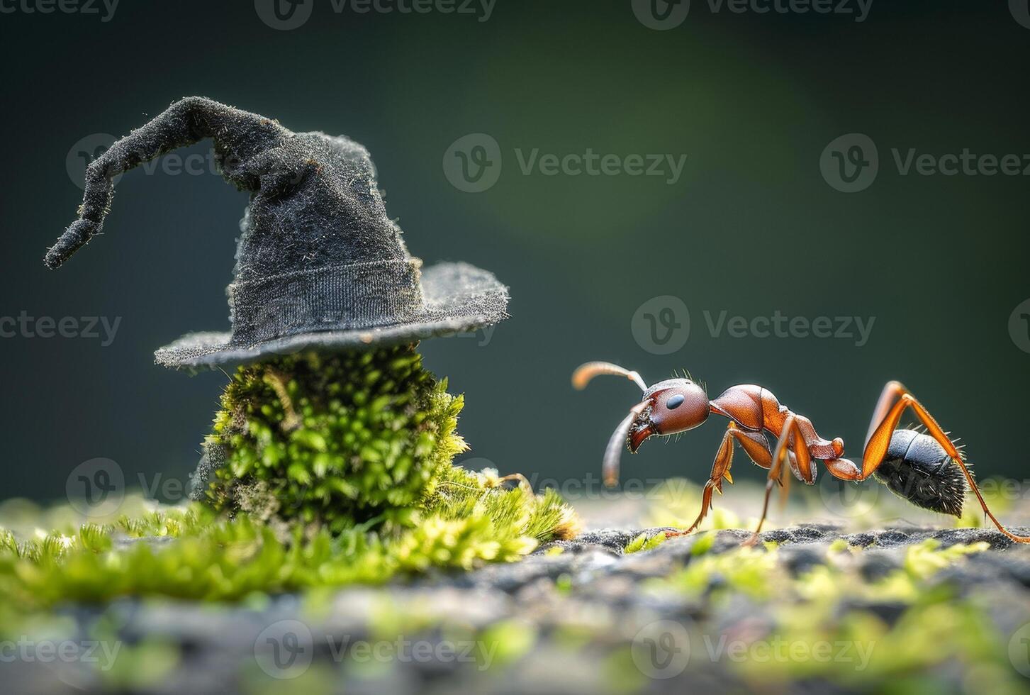 ai gerado formiga é carregando bruxa chapéu para cogumelo foto