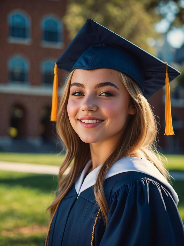 ai gerado sorridente fêmea graduado dentro boné e vestido em universidade campus às dourado hora foto