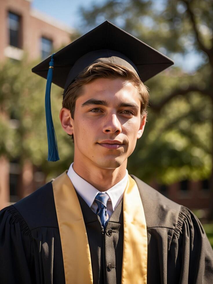 ai gerado sorridente jovem homem graduado dentro boné e vestido em universidade campus às dourado hora foto