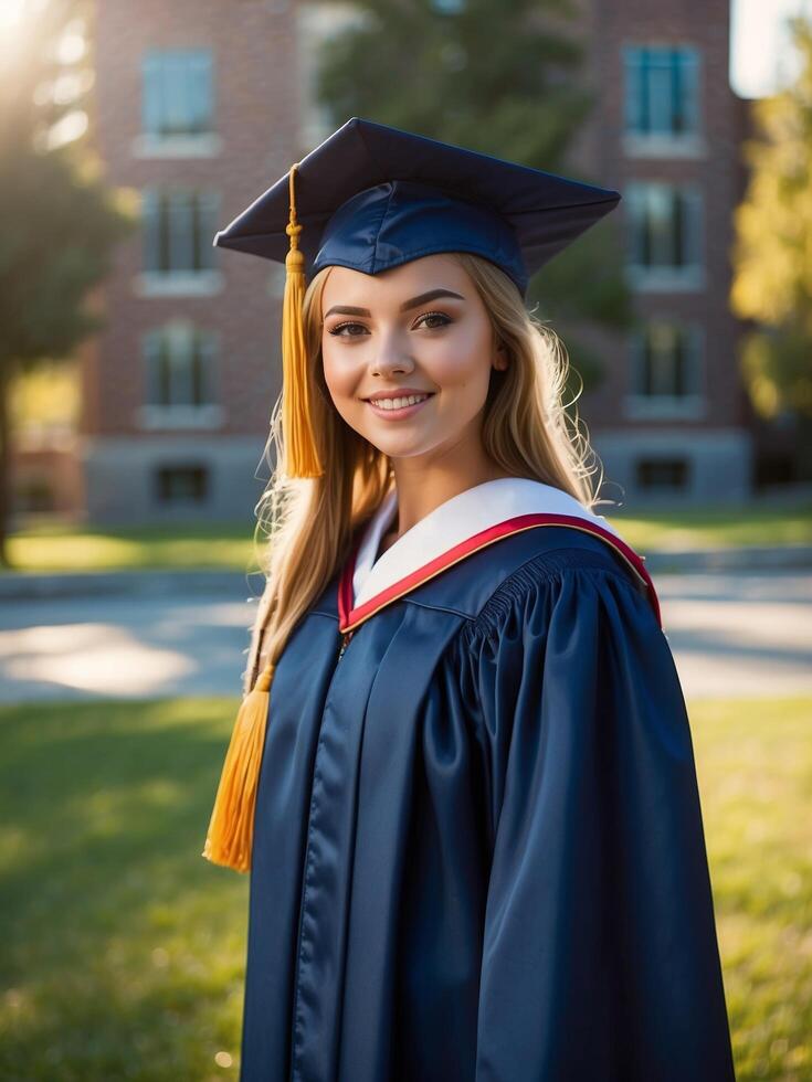 ai gerado sorridente fêmea graduado dentro boné e vestido em universidade campus às dourado hora foto