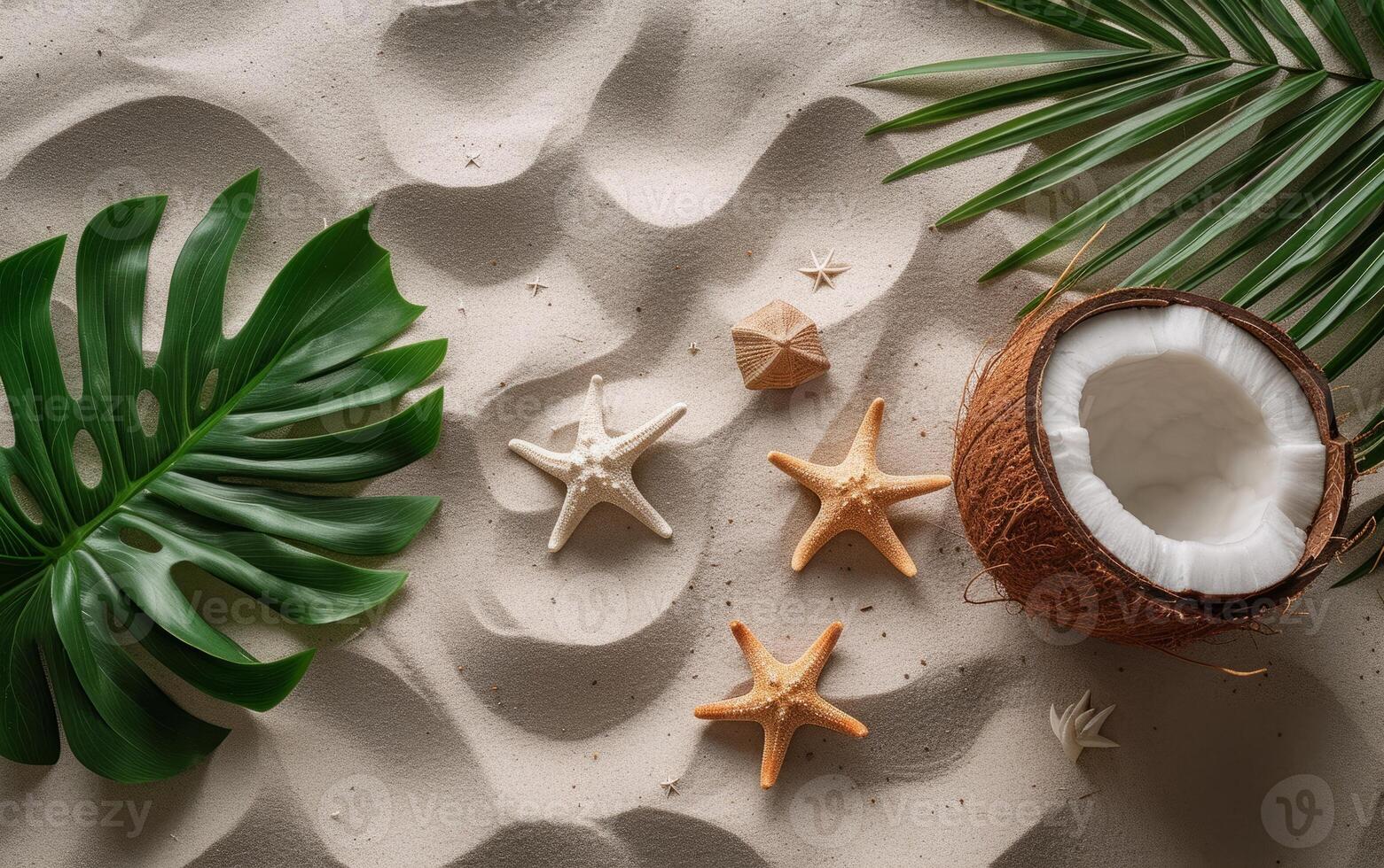 ai gerado uma tranquilo de praia composição com uma monstera folha, todo cocos, e a estrelas do mar em areia pano de fundo foto