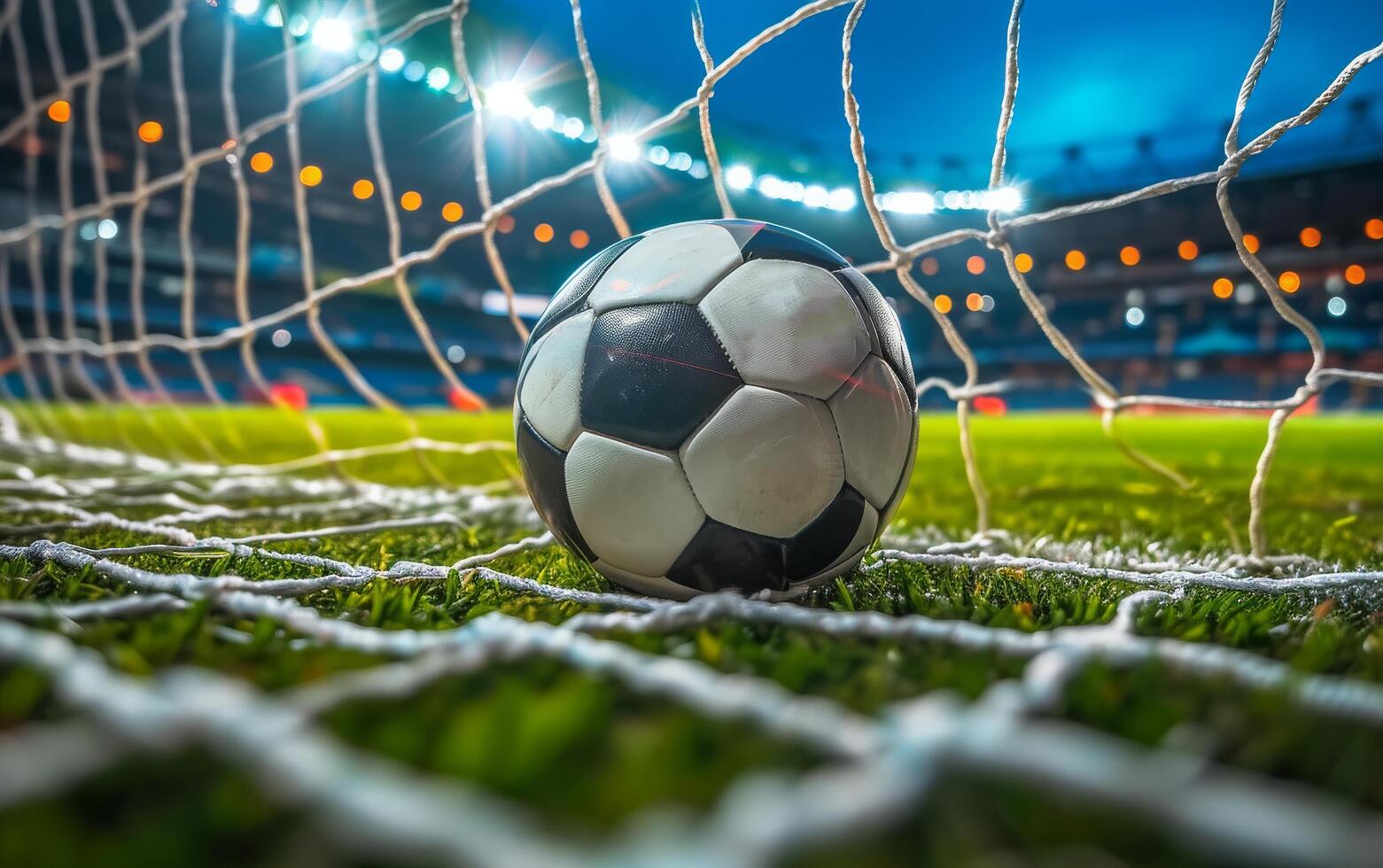 ai gerado uma fechar acima Visão do uma desgastado futebol bola aninhado dentro a objetivo internet foto