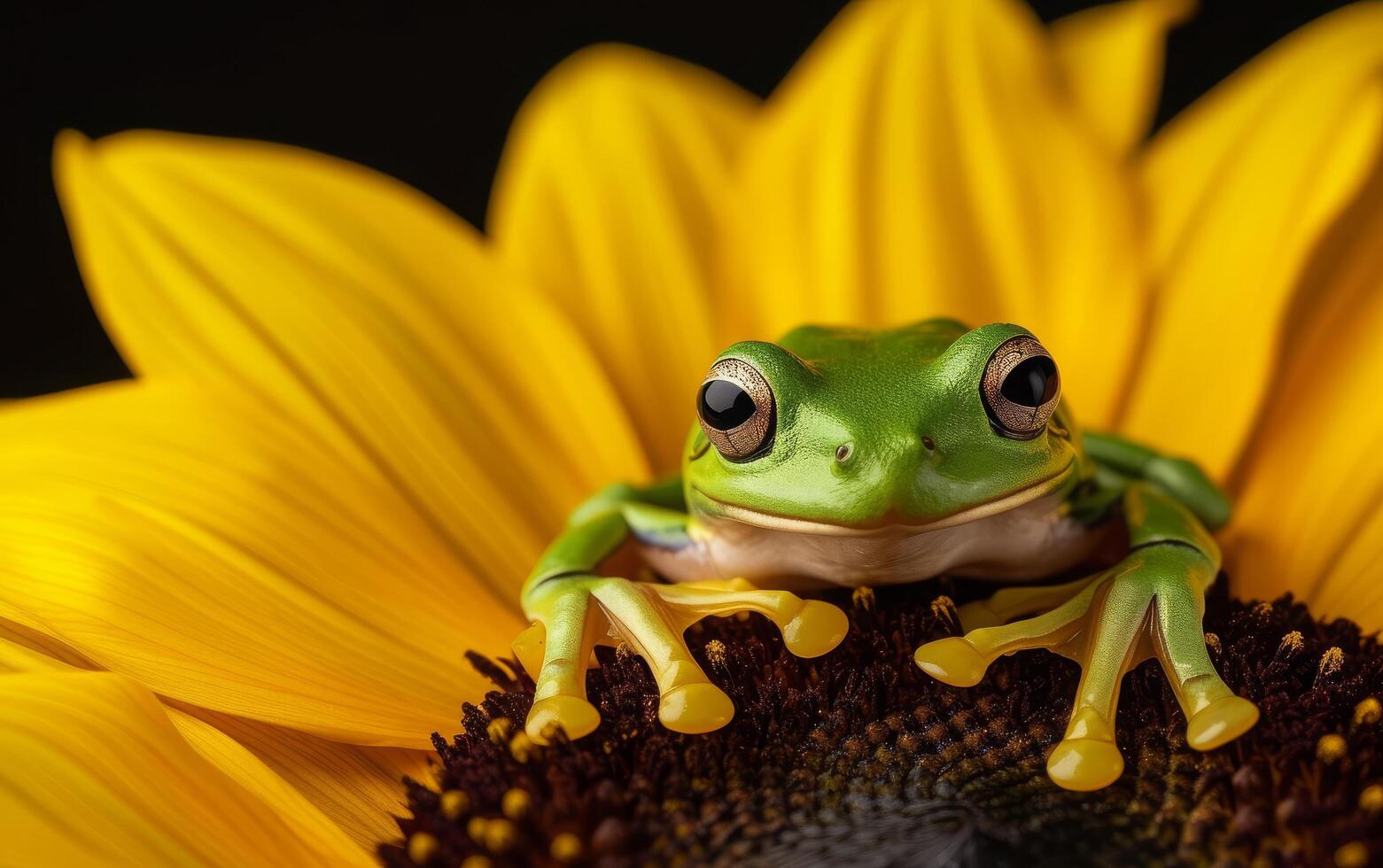 ai gerado uma verde árvore rã poleiros em a rico, Castanho Centro do uma brilhante amarelo girassol foto