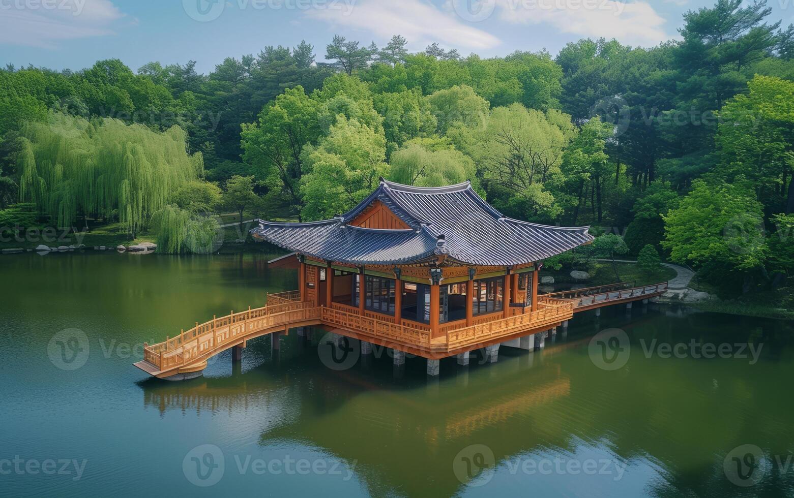 ai gerado tranquilo lago pavilhão foto