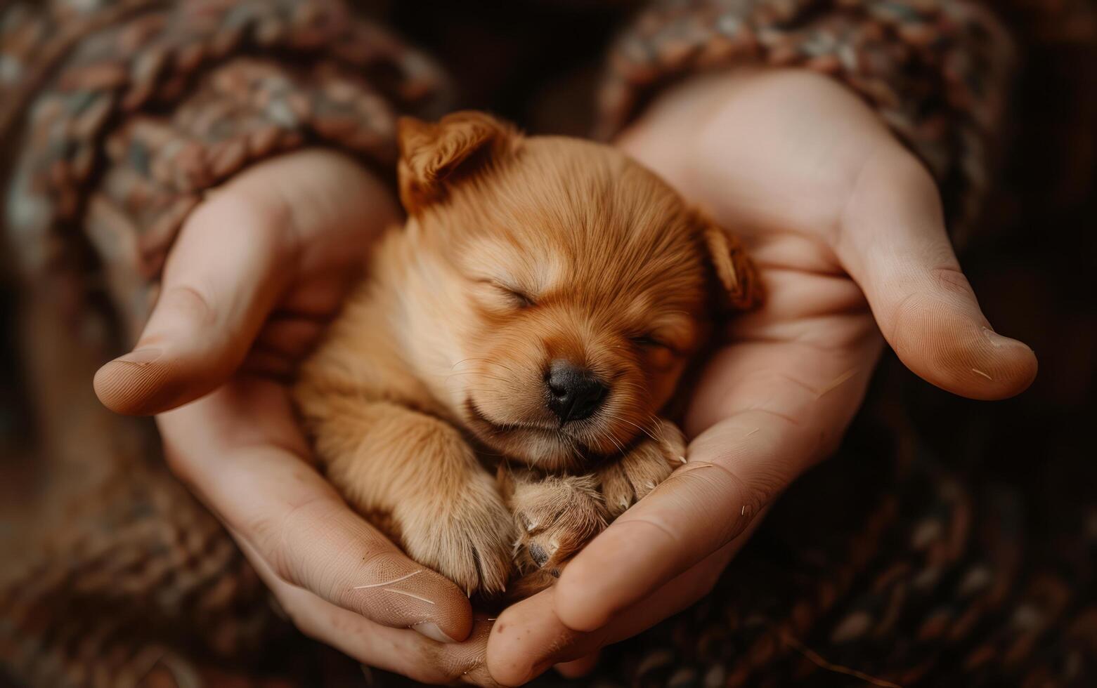 ai gerado uma pequeno, recém-nascido cachorro dorme confortavelmente dentro a carinhoso berço do humano mãos foto