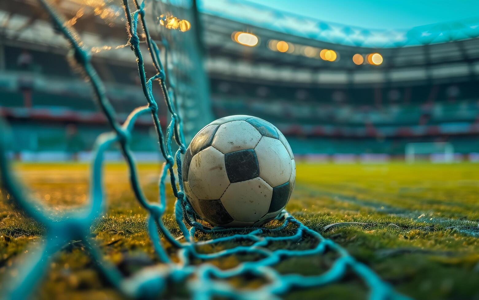 ai gerado uma fechar acima Visão do uma desgastado futebol bola aninhado dentro a objetivo internet foto