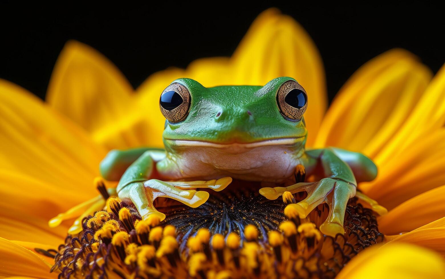 ai gerado uma verde árvore rã poleiros em a rico, Castanho Centro do uma brilhante amarelo girassol foto