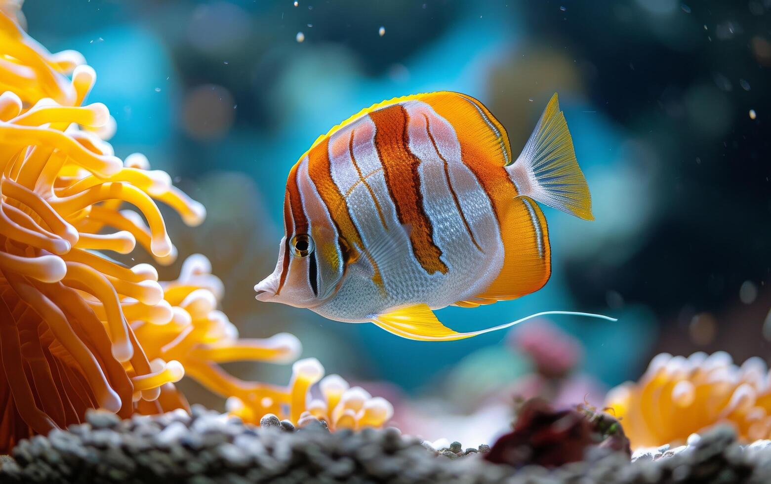 ai gerado uma vividamente listrado cobre Peixe borboleta nada graciosamente perto a vibrante corais foto