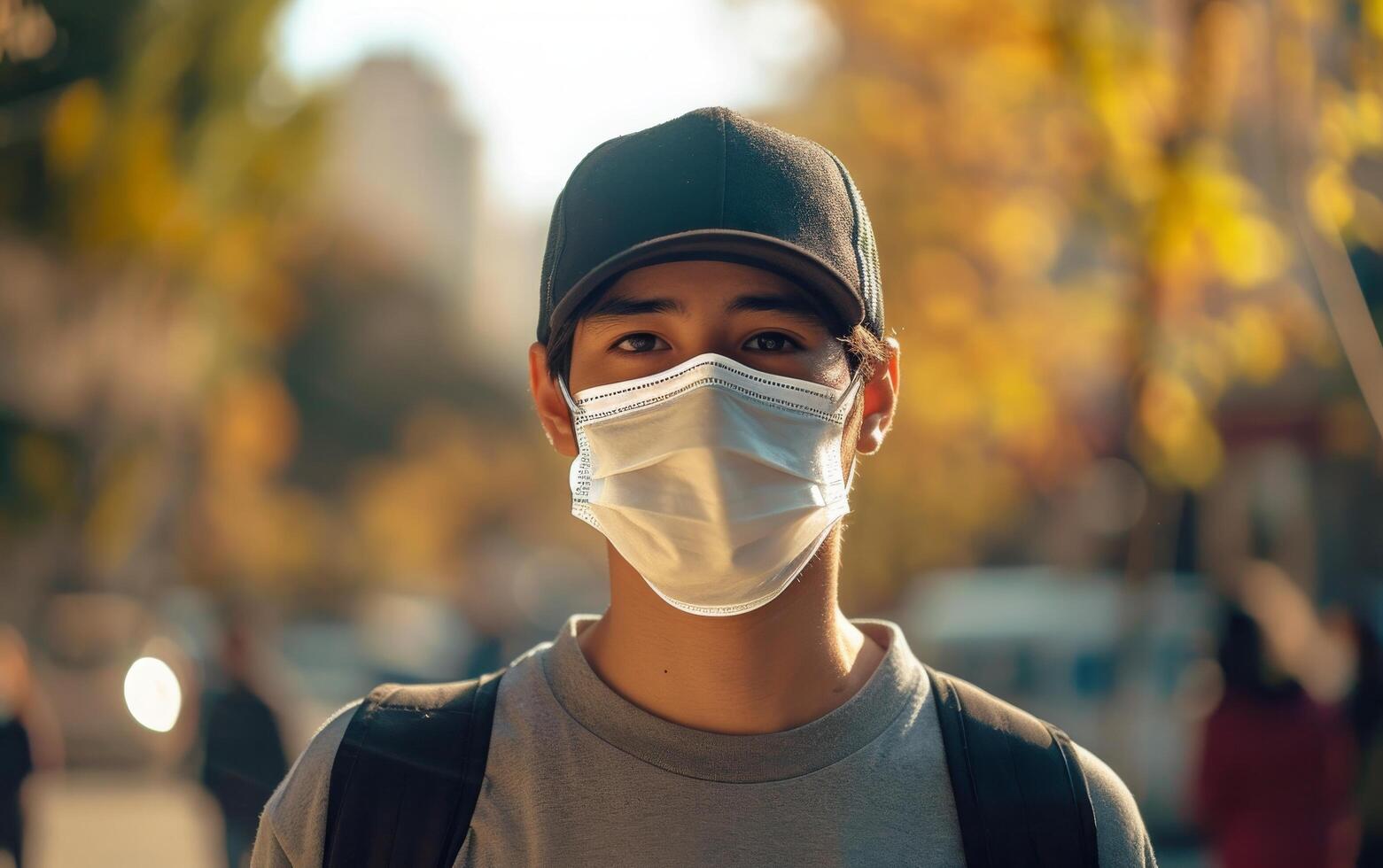 ai gerado uma jovem homem com uma Preto boné e cirúrgico mascarar, Novo normal dentro uma movimentado urbano configuração foto