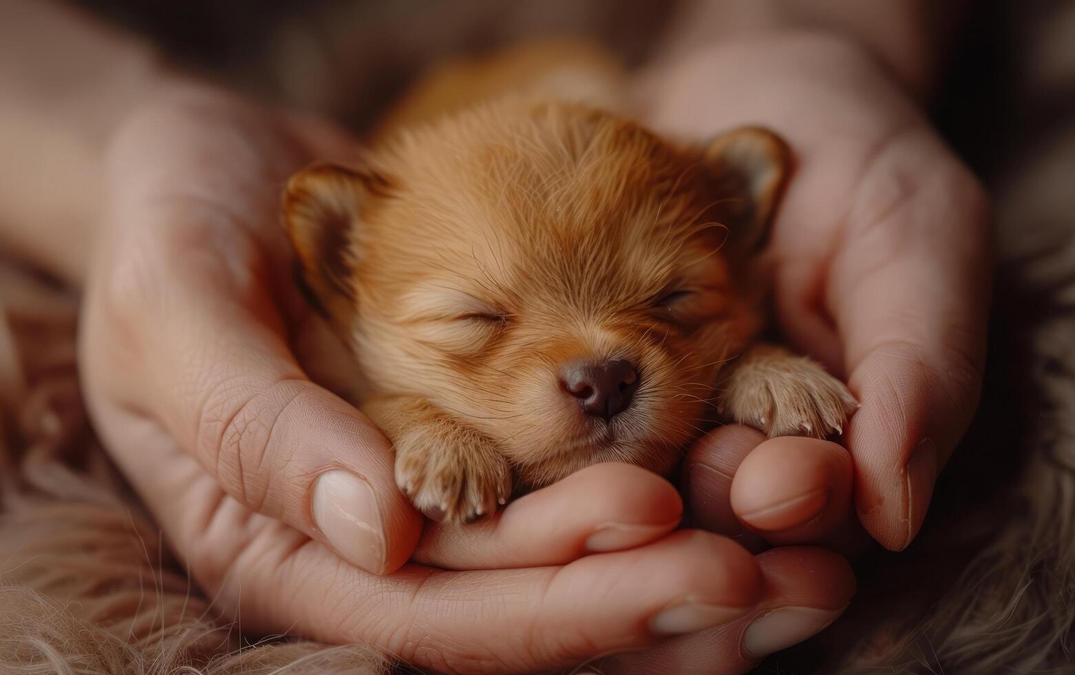 ai gerado uma pequeno, recém-nascido cachorro dorme confortavelmente dentro a carinhoso berço do humano mãos foto