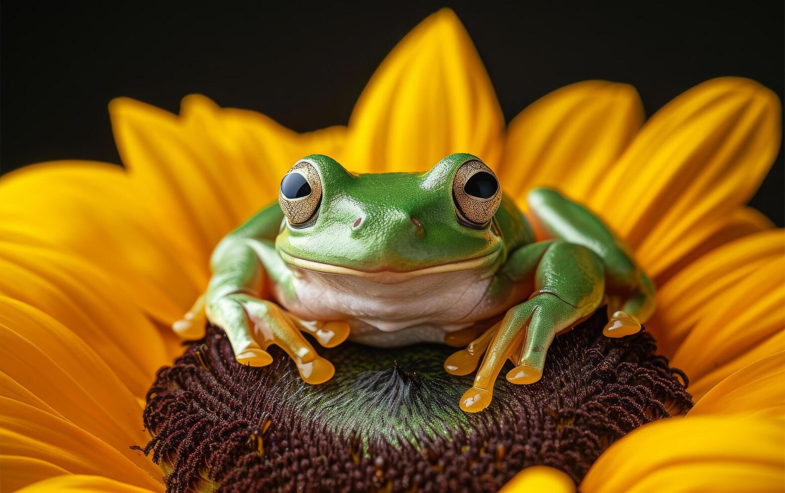 ai gerado uma verde árvore rã poleiros em a rico, Castanho Centro do uma brilhante amarelo girassol foto