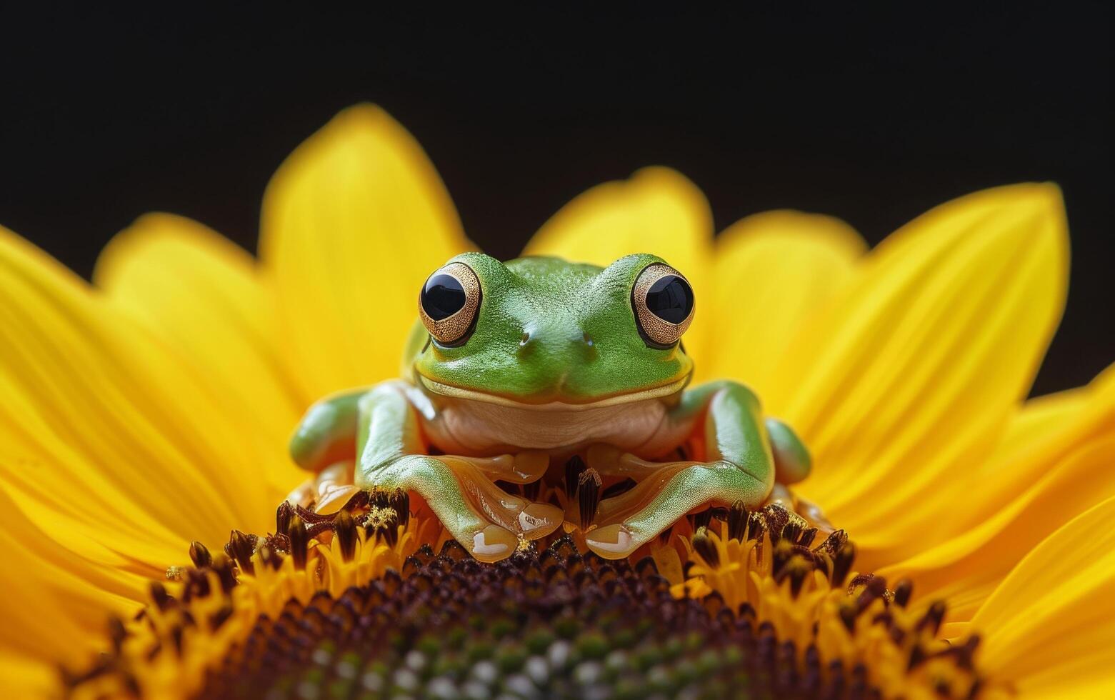 ai gerado uma verde árvore rã poleiros em a rico, Castanho Centro do uma brilhante amarelo girassol foto