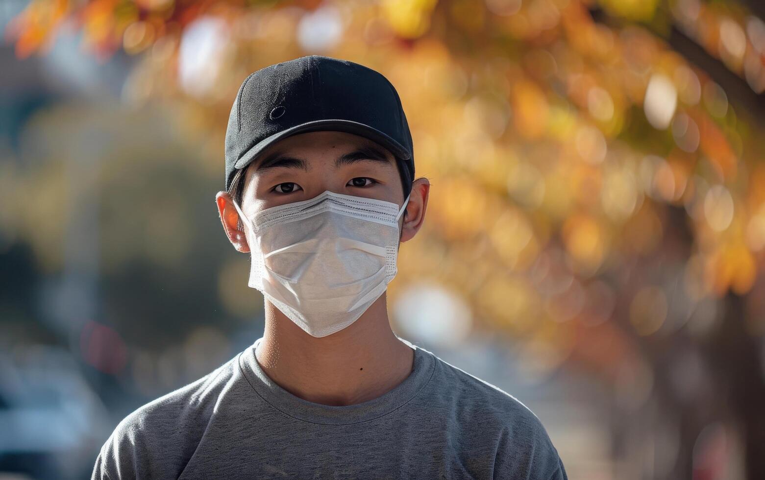 ai gerado uma jovem homem com uma Preto boné e cirúrgico mascarar, Novo normal dentro uma movimentado urbano configuração foto