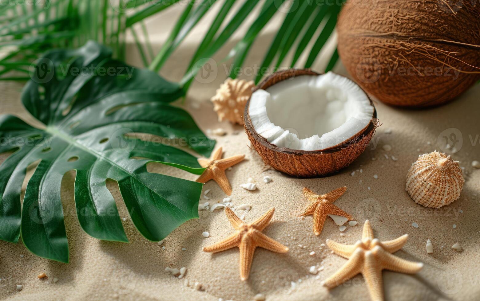 ai gerado uma tranquilo de praia composição com uma monstera folha, todo cocos, e a estrelas do mar em areia pano de fundo foto