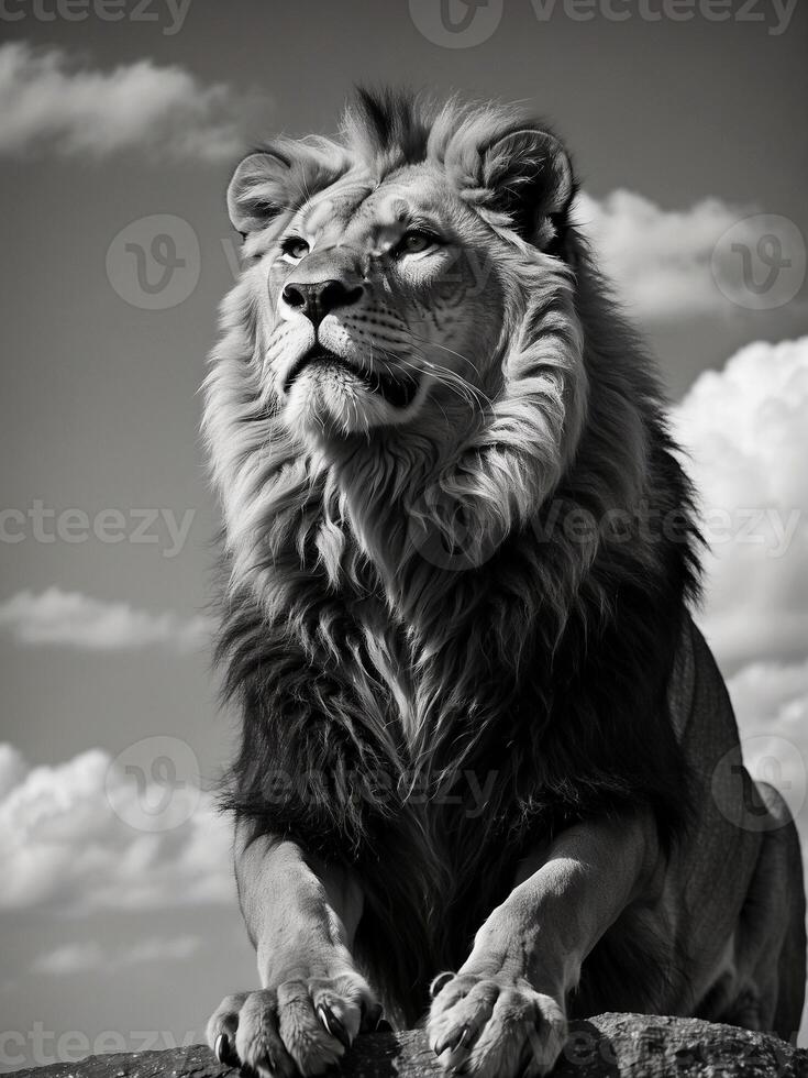ai gerado uma majestoso leão calmamente senta no topo uma ampla pedra, olhando para dentro a distância debaixo uma céu preenchidas com nuvens foto