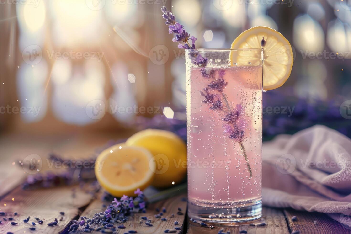 ai gerado Rosa lavanda limonada com uma fatia do limão, provence estilo, espaço para texto foto