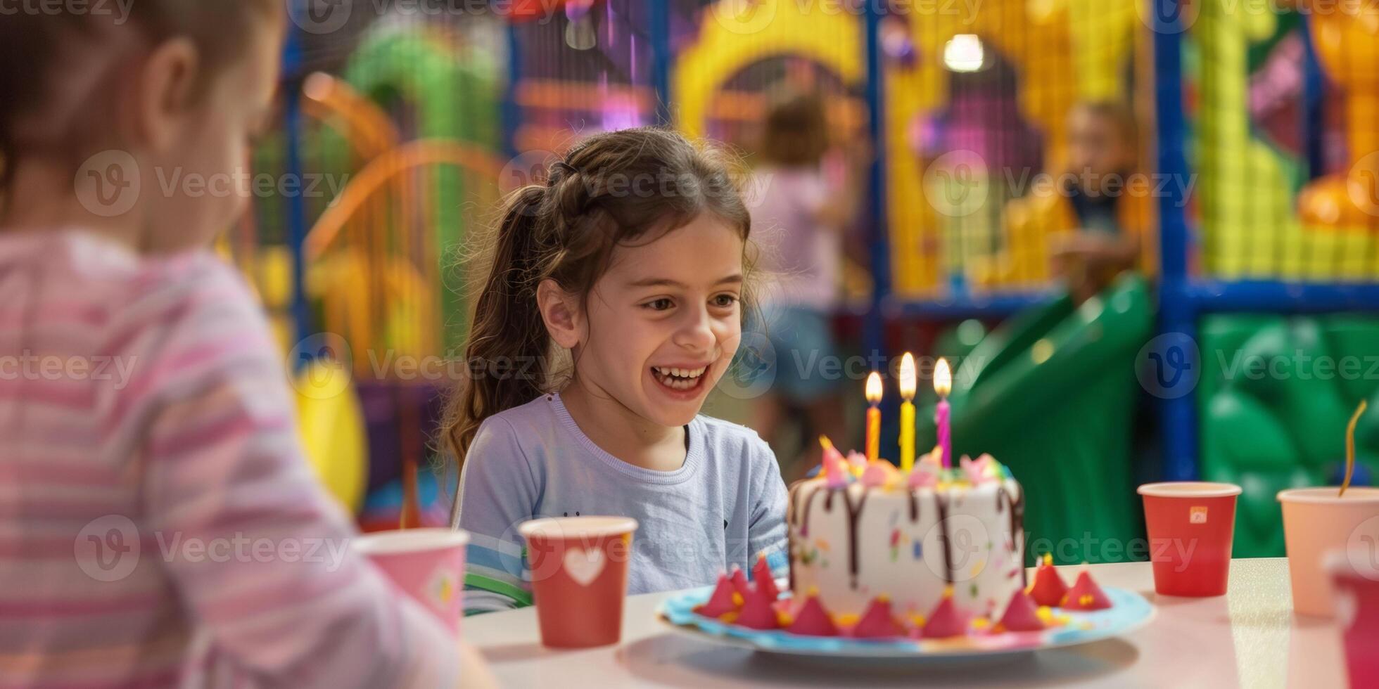 ai gerado pequeno menina sorrisos às aniversário bolo com velas em mesa foto