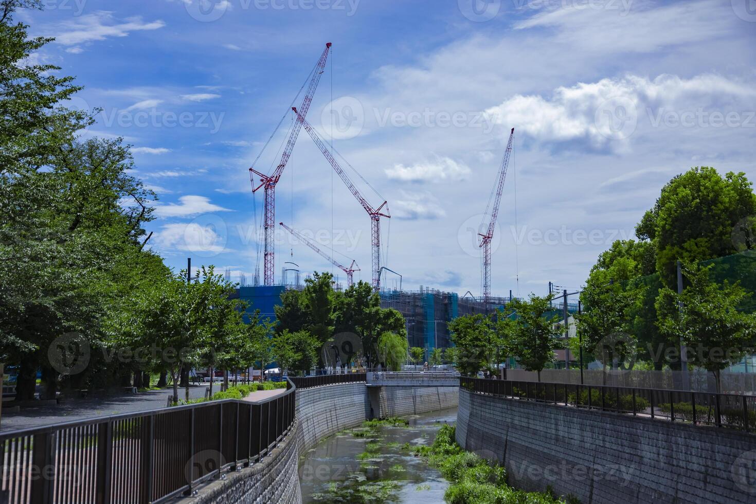 guindastes às a debaixo construção dia Largo tiro foto