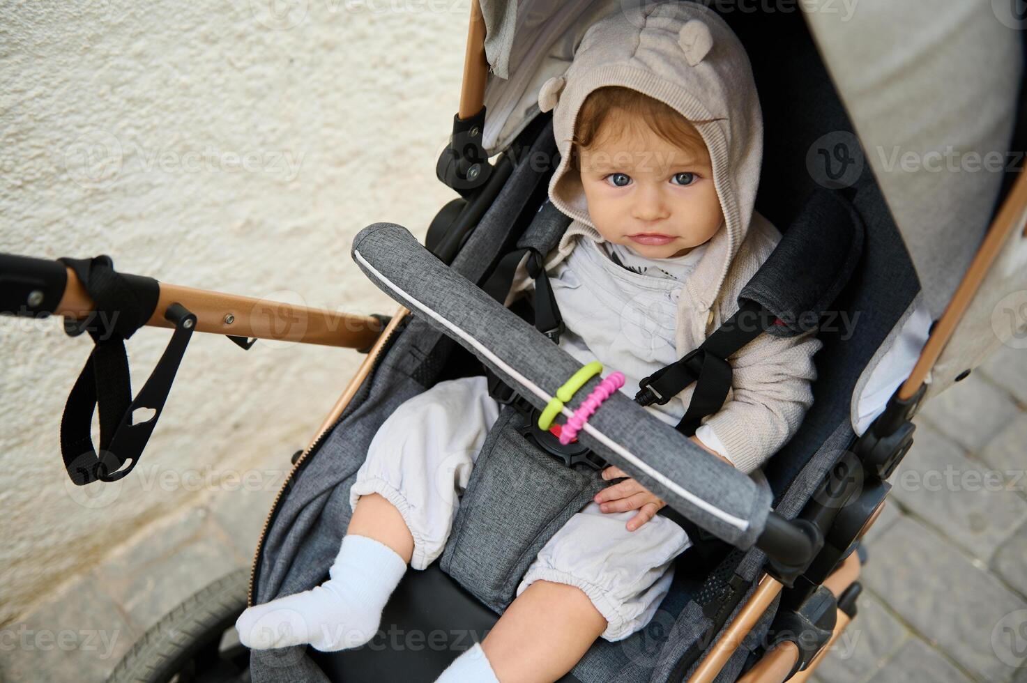 Visão a partir de acima do uma caucasiano fofa bebê Garoto sentado dentro bebê carrinho de bebê ao ar livre, sorridente fofinho olhando às Câmera foto