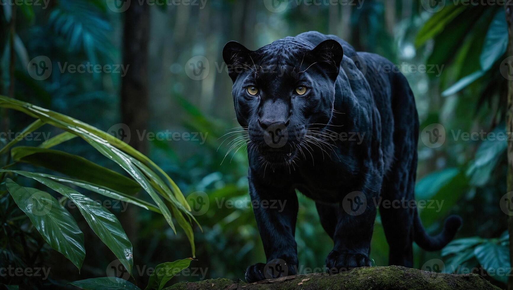 ai gerado elegante e ágil Preto pantera encarando alerta dentro tropical floresta tropical foto