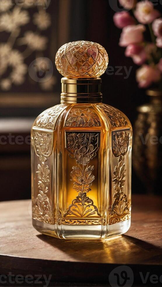 ai gerado oriental perfume garrafa primorosamente trabalhada com intrincado padrões com translúcido dourado matiz líquido foto