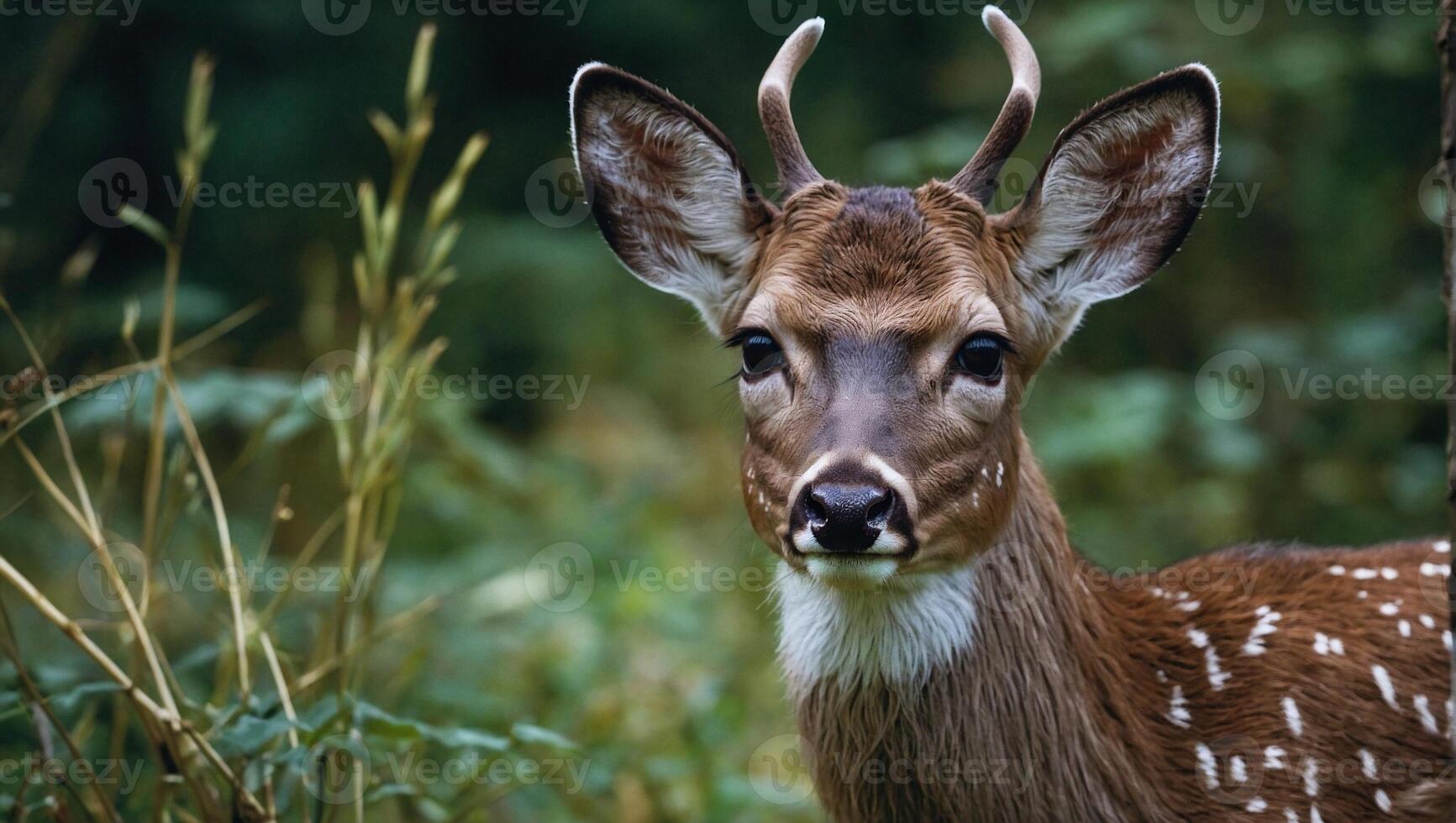 ai gerado fechar acima imagem do uma veado com terreno Castanho pele e branco pontos em Está costas em pé dentro uma sereno bosque configuração com uma pano de fundo do exuberante verde folhagem foto