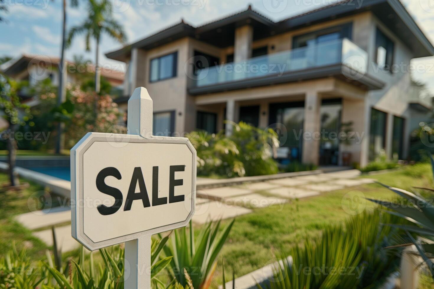 ai gerado casa com uma venda placa dentro frente do a casa. real Estado conceito. foto