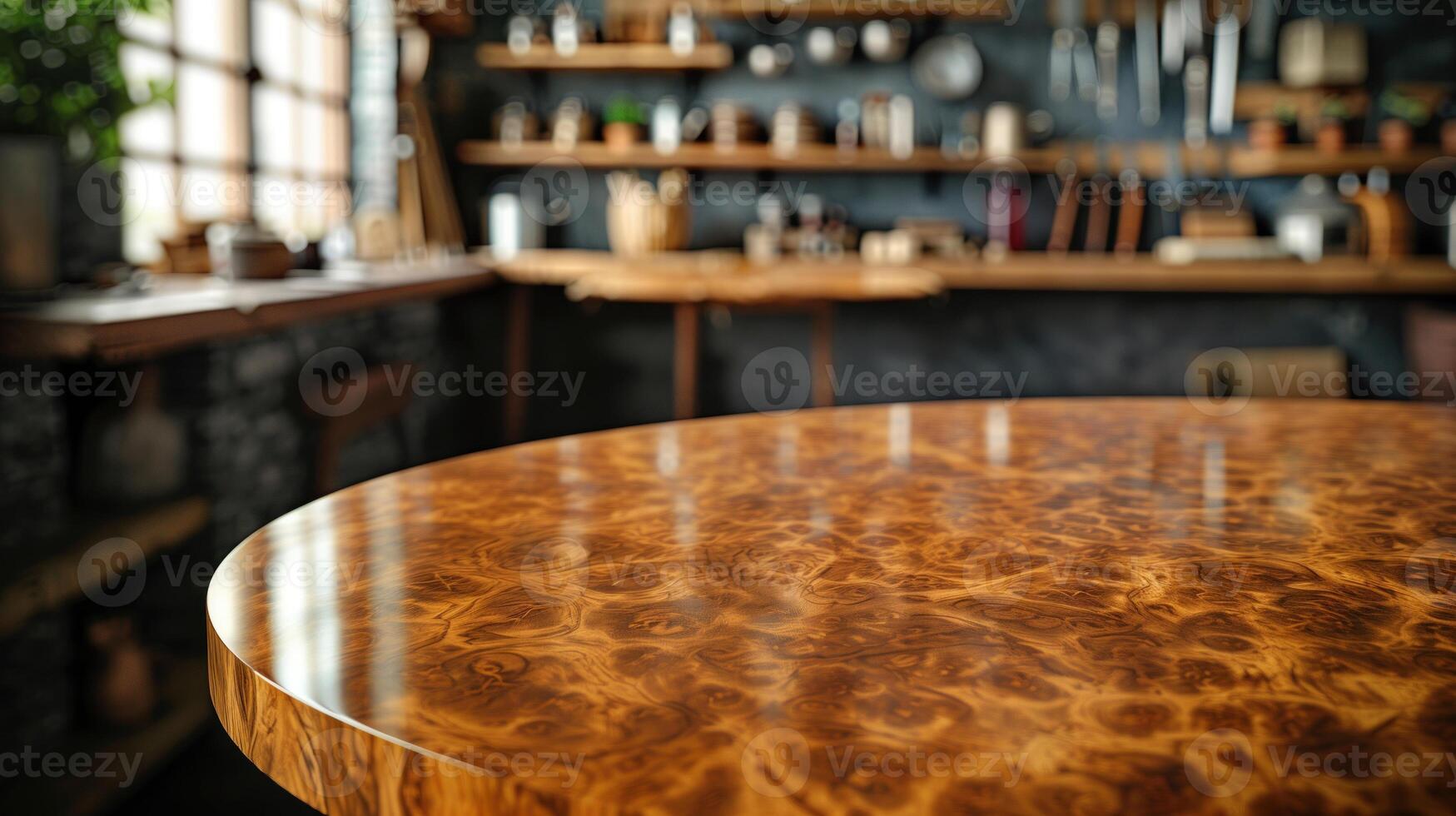 ai gerado recentemente fez mesa com uma burl madeira topo dentro uma carpintaria oficina foto