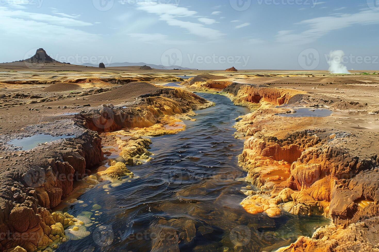 ai gerado hidrotérmico fluxo dentro uma vulcânico área dentro a deserto foto