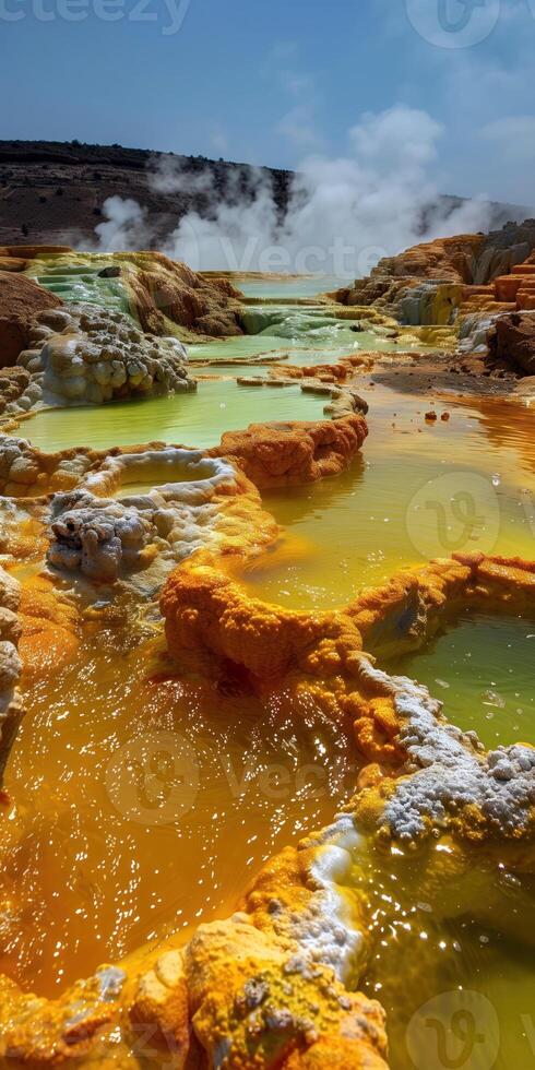 ai gerado vertical fundo com quente mineralizado molas com colorida sedimentos dentro uma vulcânico bacia foto