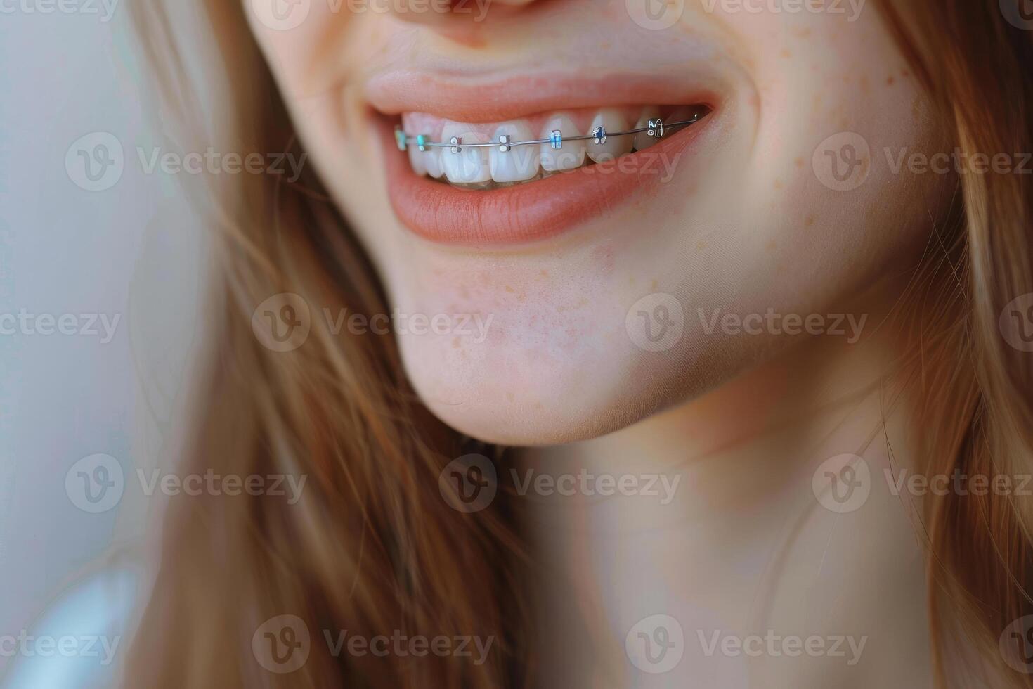 ai gerado sorrir com suspensórios ortodôntico tratamento. dental Cuidado conceito. lindo mulher saudável sorrir fechar acima. fechar-se cerâmico e metal colchetes em dentes. lindo fêmea foto