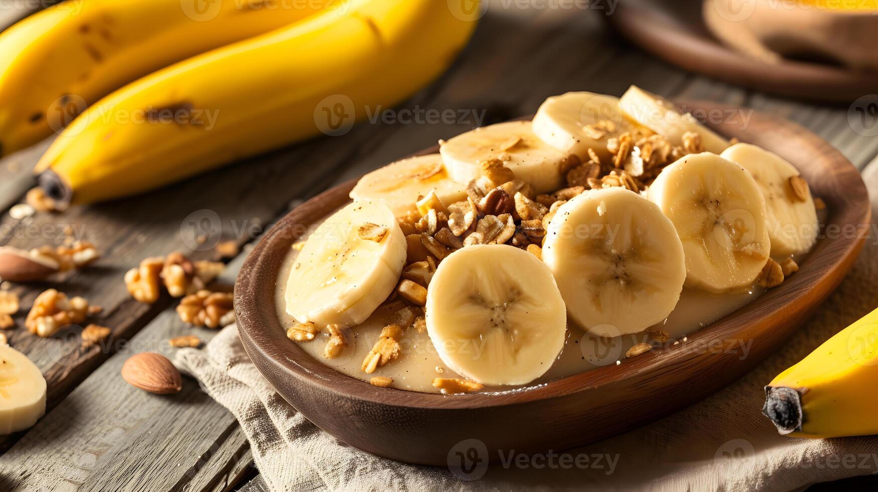 ai gerado saudável banana fatias com nozes em de madeira prato café da manhã configuração fundo foto