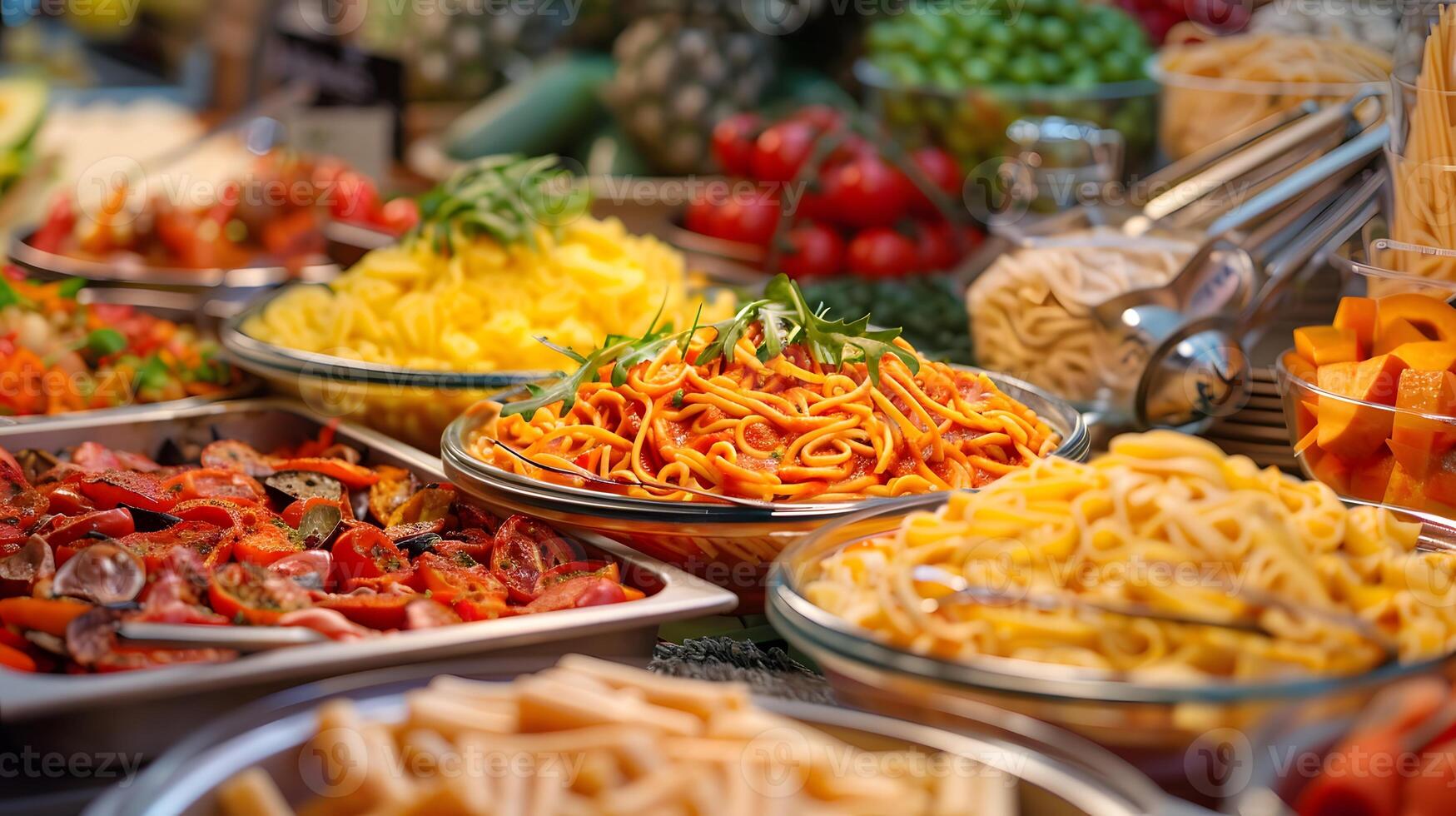 ai gerado uma bufê com muitos diferente tipos do Comida foto