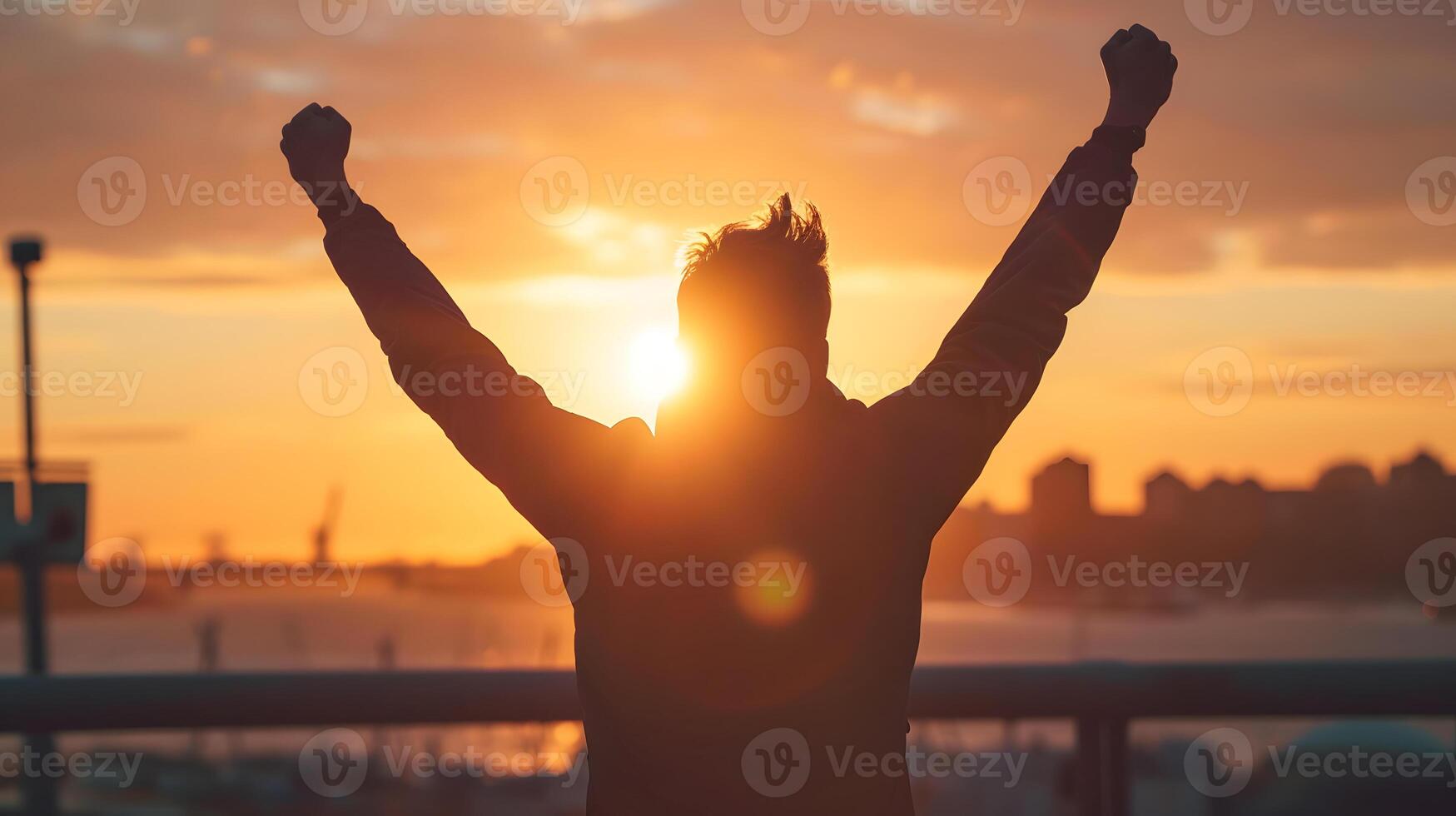 ai gerado silhueta do homem levantando braços dentro vitória contra pôr do sol céu foto