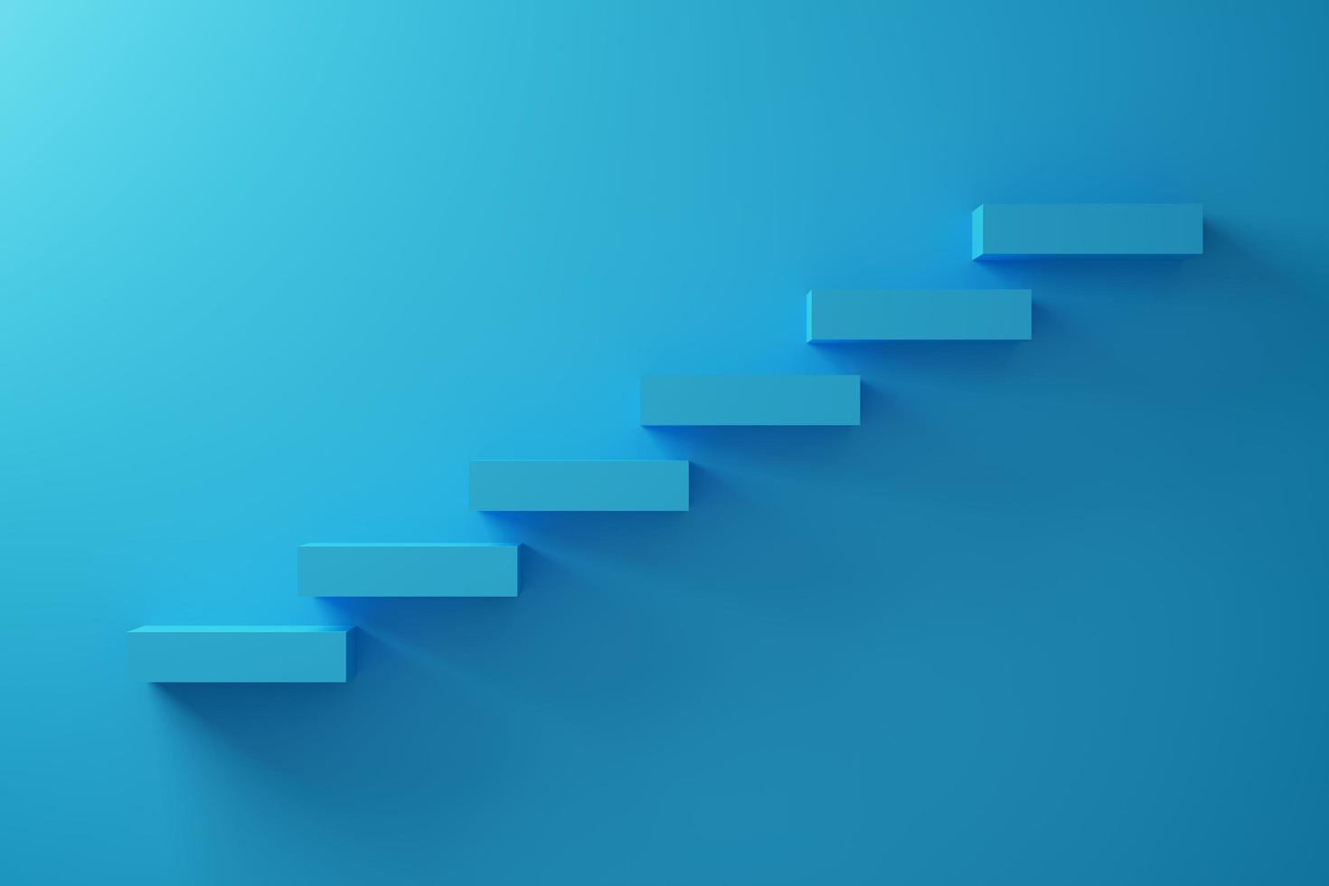 pilha de blocos azuis como degrau da escada no fundo azul. sucesso, subindo ao topo, progressão, conceito de crescimento do negócio. Ilustração 3D render. foto