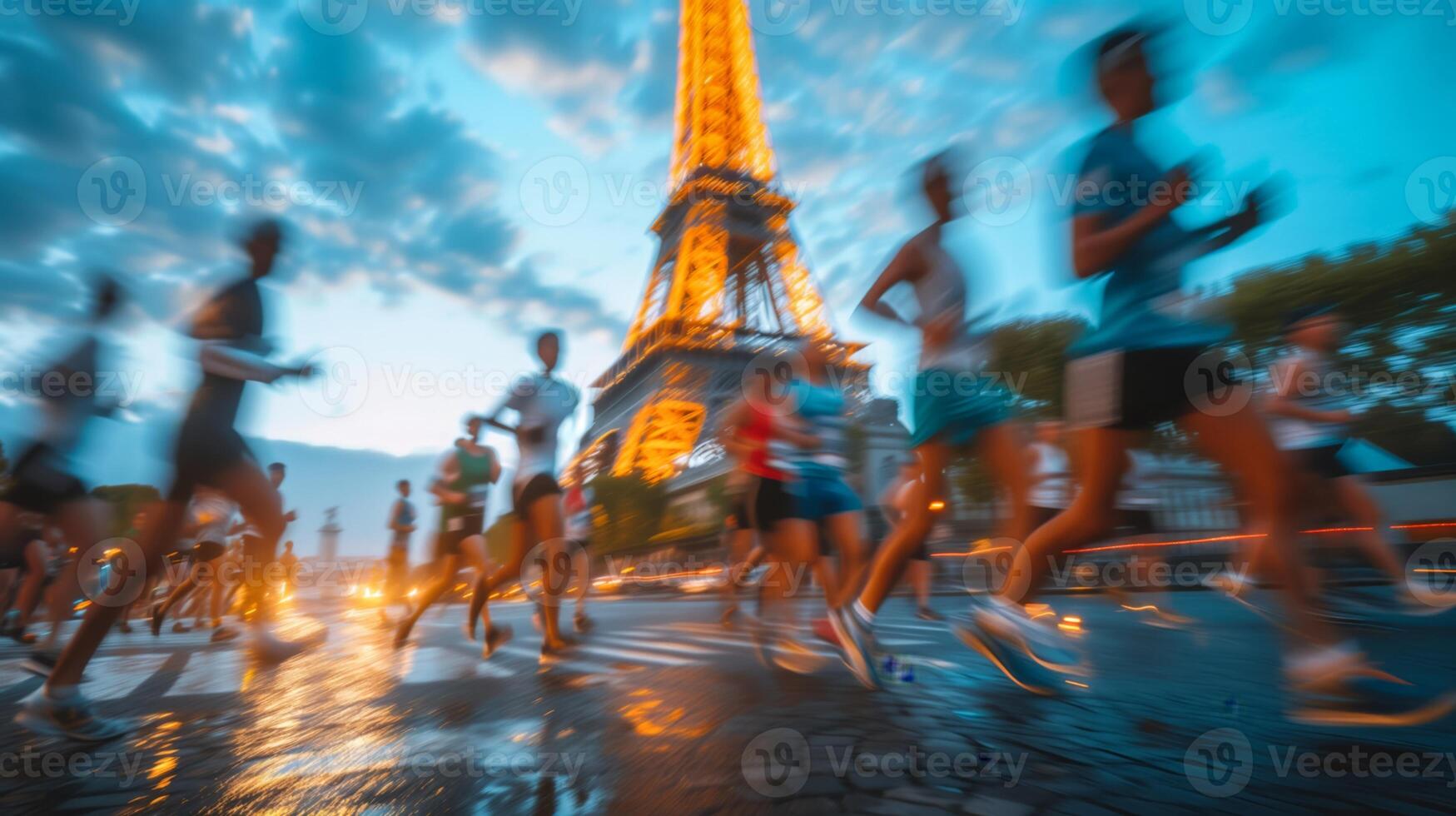 ai gerado diverso maratona corredores, eiffel brilho às crepúsculo foto