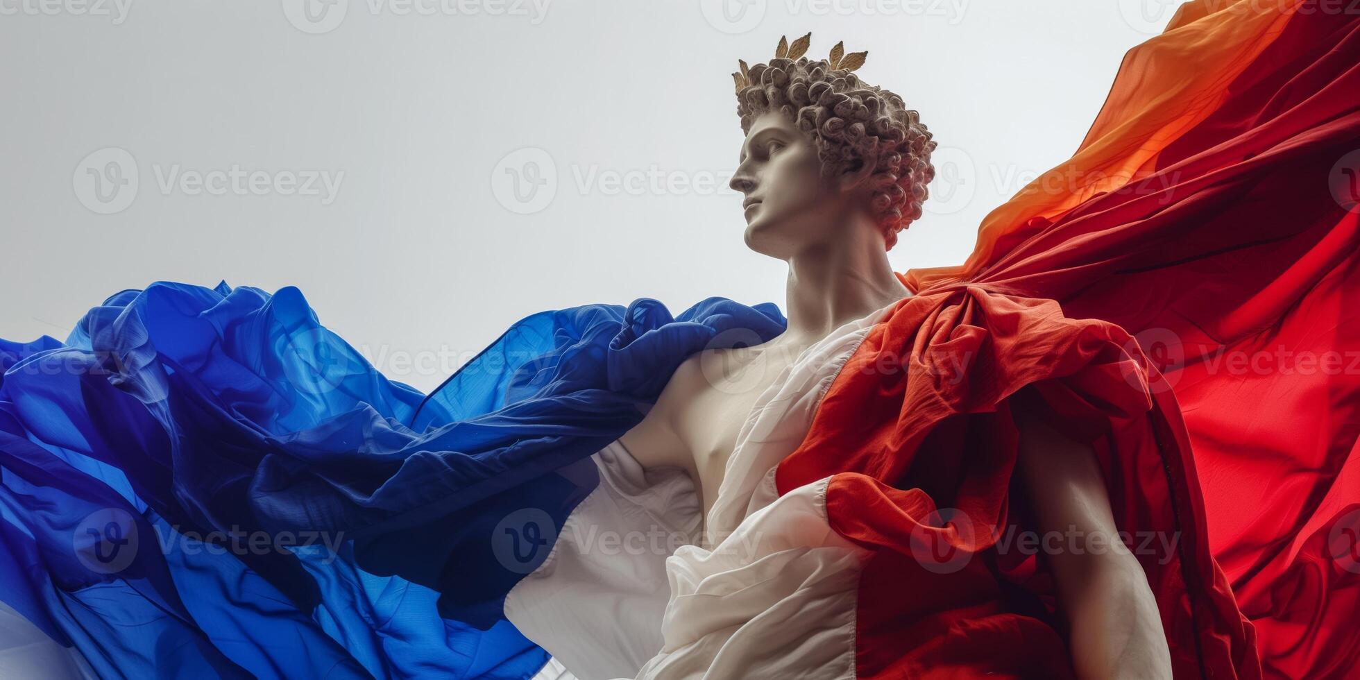 ai gerado parisiense espírito escultura com francês bandeira cortinas e olímpico essência cópia de espaço foto