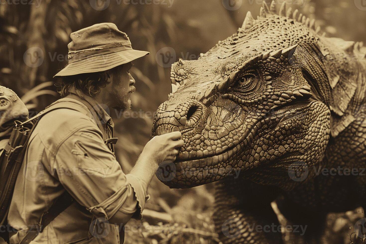 ai gerado explorador confronta dinossauro dentro sépia selva foto