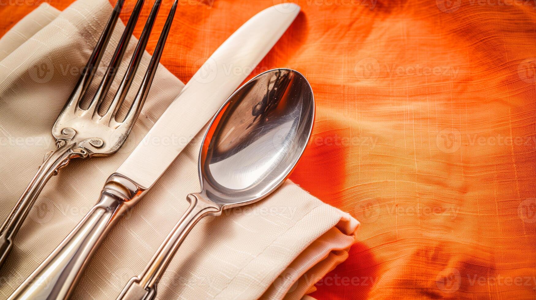 ai gerado elegante talheres conjunto em a laranja linho toalha de mesa, representando uma Alto fim jantar conceito, ideal para festivo ou Ação de graças temas foto