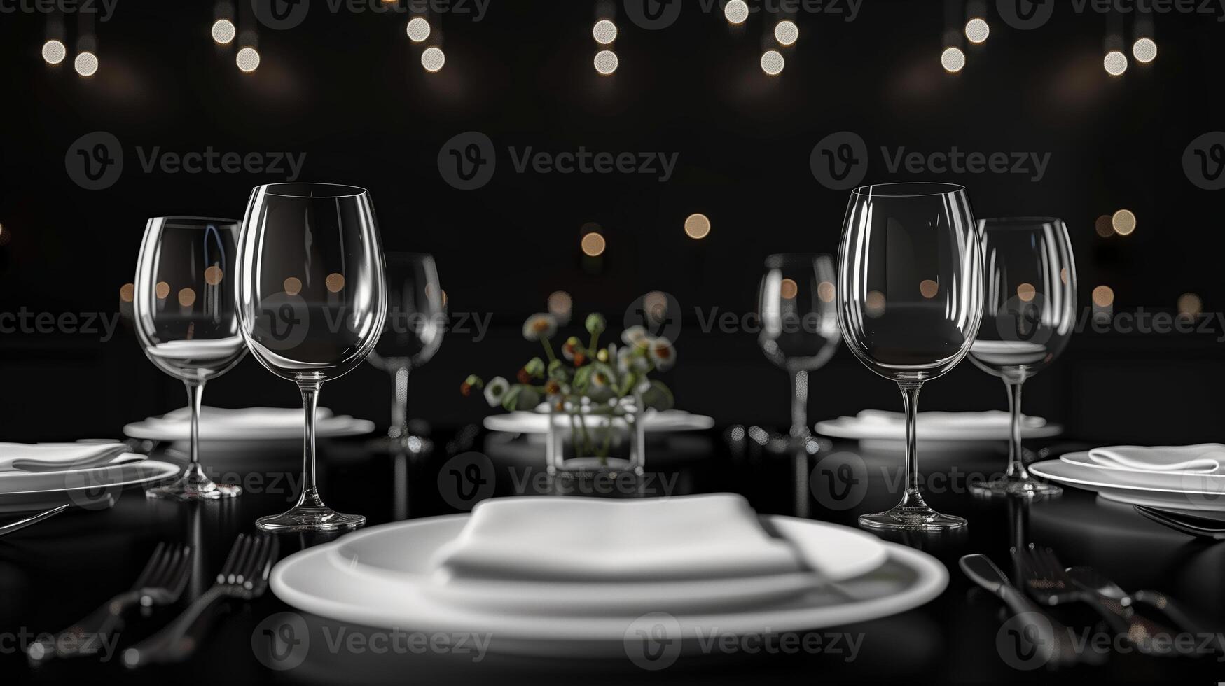 ai gerado elegante jantar mesa configuração com vinho copos, pratos, e talheres em uma lustroso Preto superfície, em destaque de suave bokeh luzes ideal para de luxo eventos ou romântico jantares foto