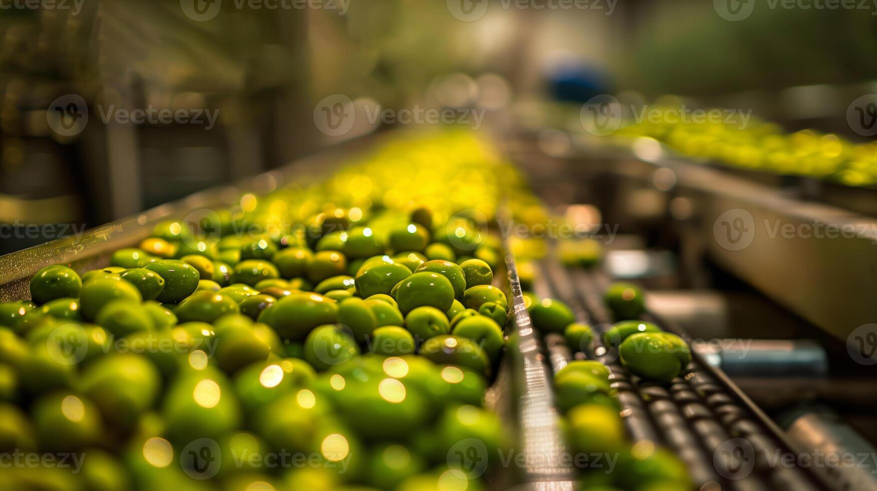 ai gerado industrial transportador cinto com fresco verde tomates dentro uma Comida em processamento plantar, exibindo agrícola tecnologia e Comida indústria Produção foto