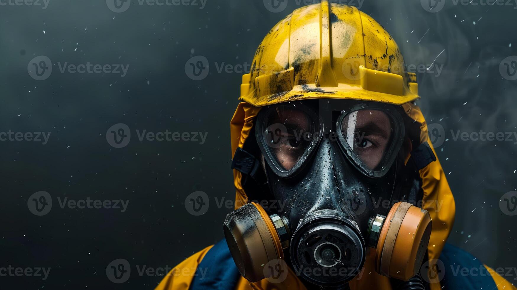 ai gerado focado adulto dentro hazmat engrenagem com uma gás mascarar e amarelo Difícil chapéu contra uma Sombrio pano de fundo, representando segurança e proteção dentro perigoso ambientes foto