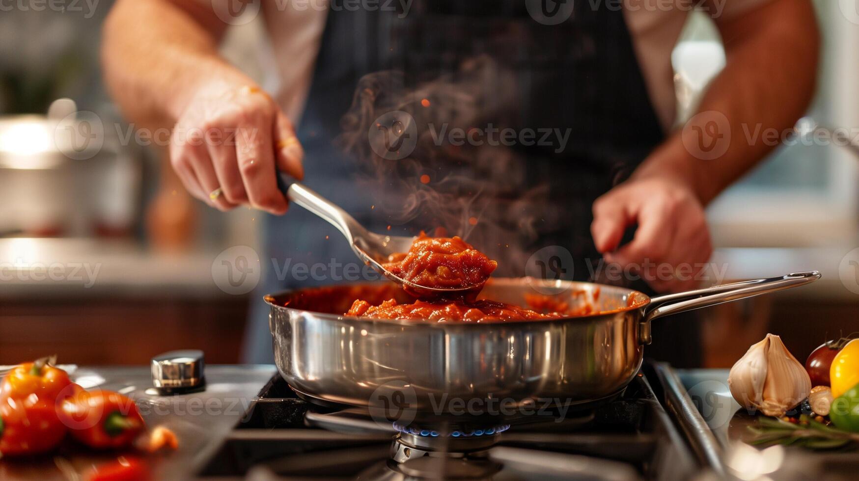 ai gerado homem mexendo caseiro churrasco molho dentro uma panela em fogão foto