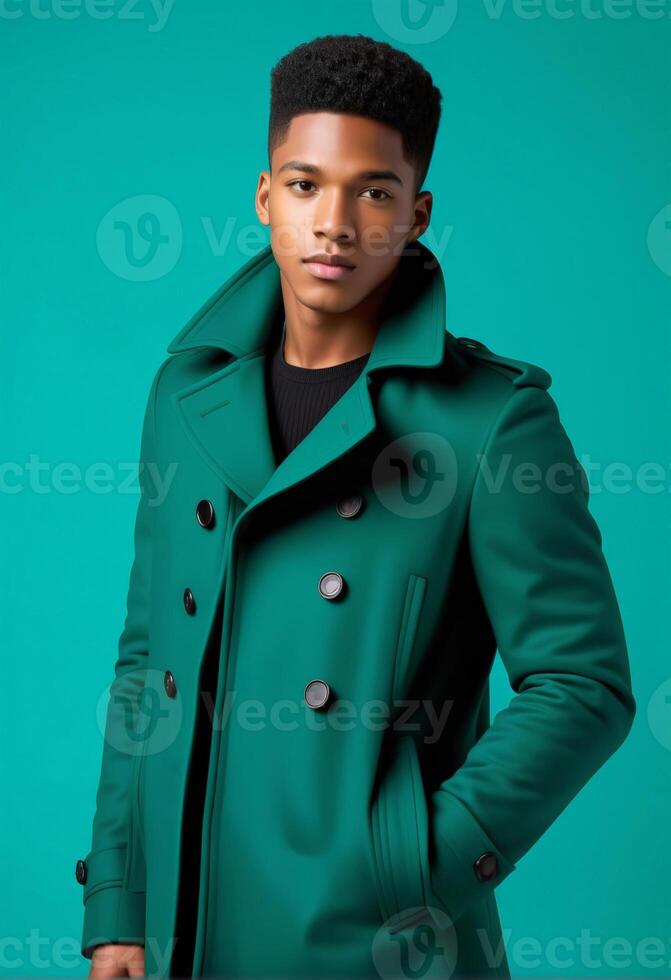ai gerado à moda africano americano jovem homem vestindo uma verde trincheira casaco contra uma turquesa fundo, ideal para moda conceitos e santo patricks dia promoções foto