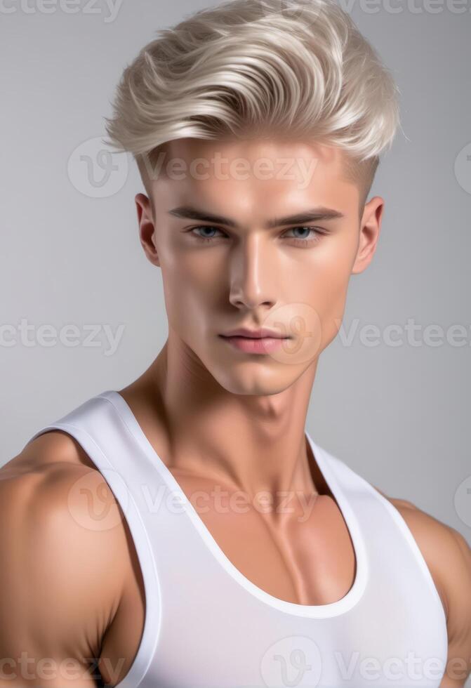 ai gerado bonito jovem adulto masculino com à moda prata cabelo posando dentro uma branco tanque principal, perfeito para moda e aliciamento conceitos foto