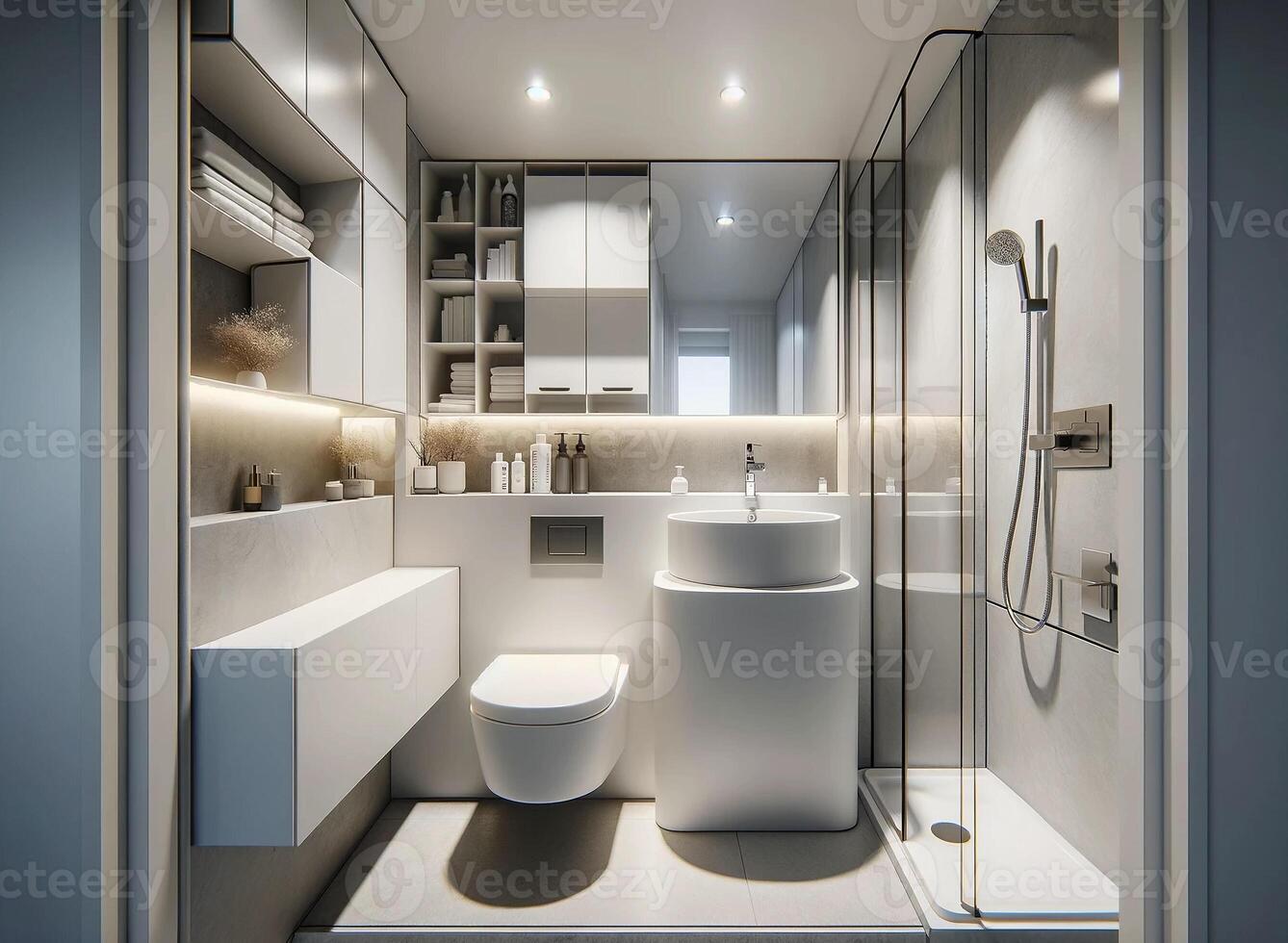 ai gerado pequeno, moderno banheiro, exibindo a eficiente e à moda Projeto. a banheiro características uma contemporâneo Pia e torneira foto